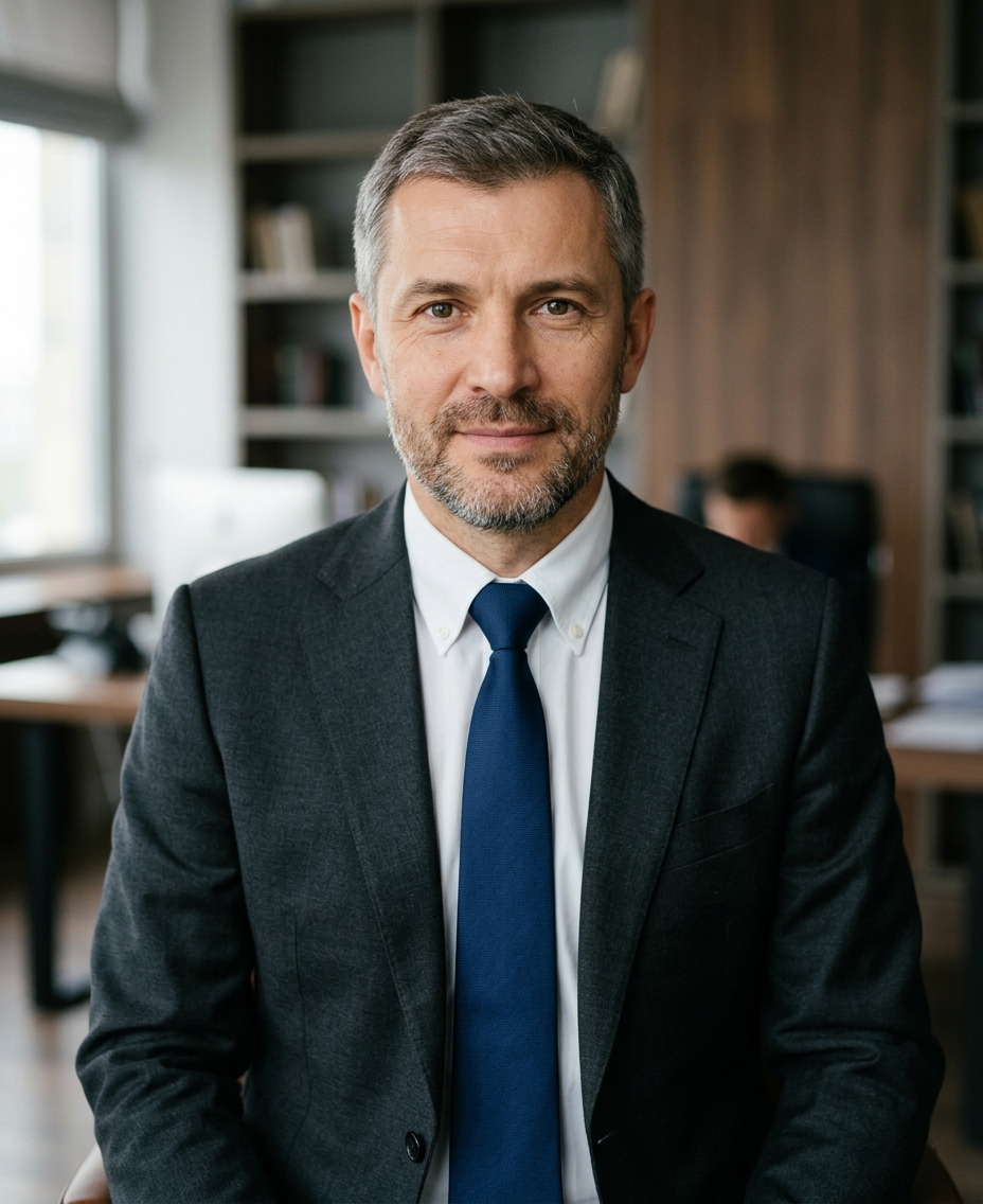 Реалистичный профессиональный портрет (лицо). Человек: Алексей Кузнецов. Деловой стиль, студийный свет, уютная обстановка.