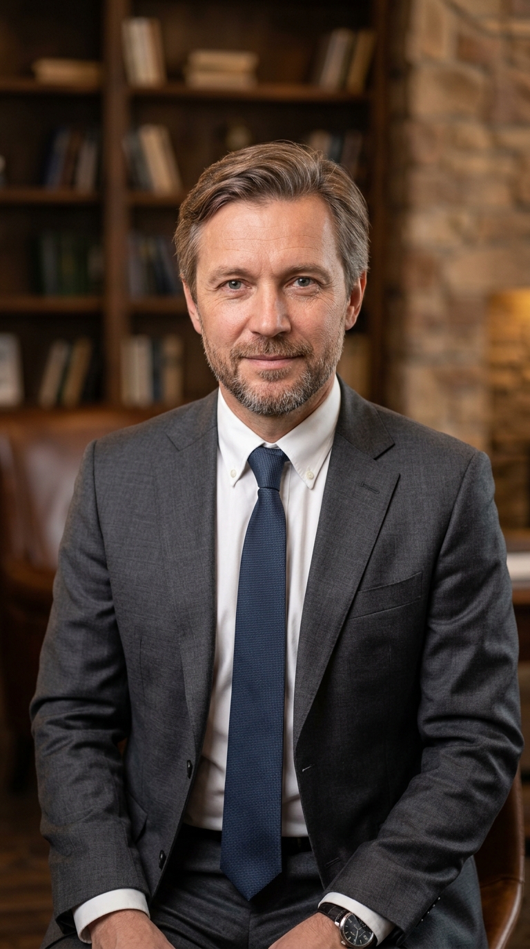 Реалистичный профессиональный портрет (лицо). Человек: Александр Котов. Деловой стиль, студийный свет, уютная обстановка.