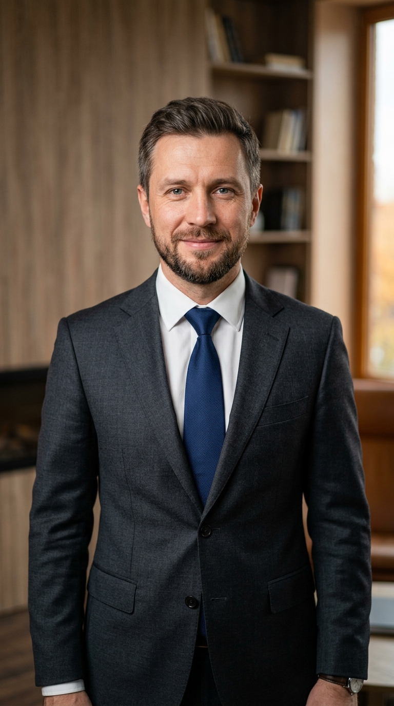 Реалистичный профессиональный портрет (лицо). Человек: Андрей Кузнецов. Деловой стиль, студийный свет, уютная обстановка.