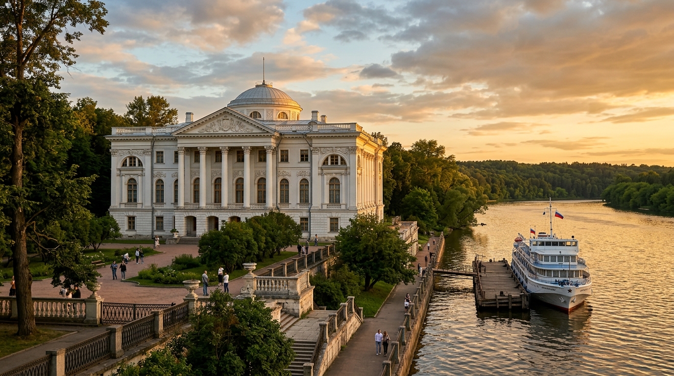 Архангельское на Москве-реке: классический фасад усадьбы с колоннами и видом на пристань круизного судна