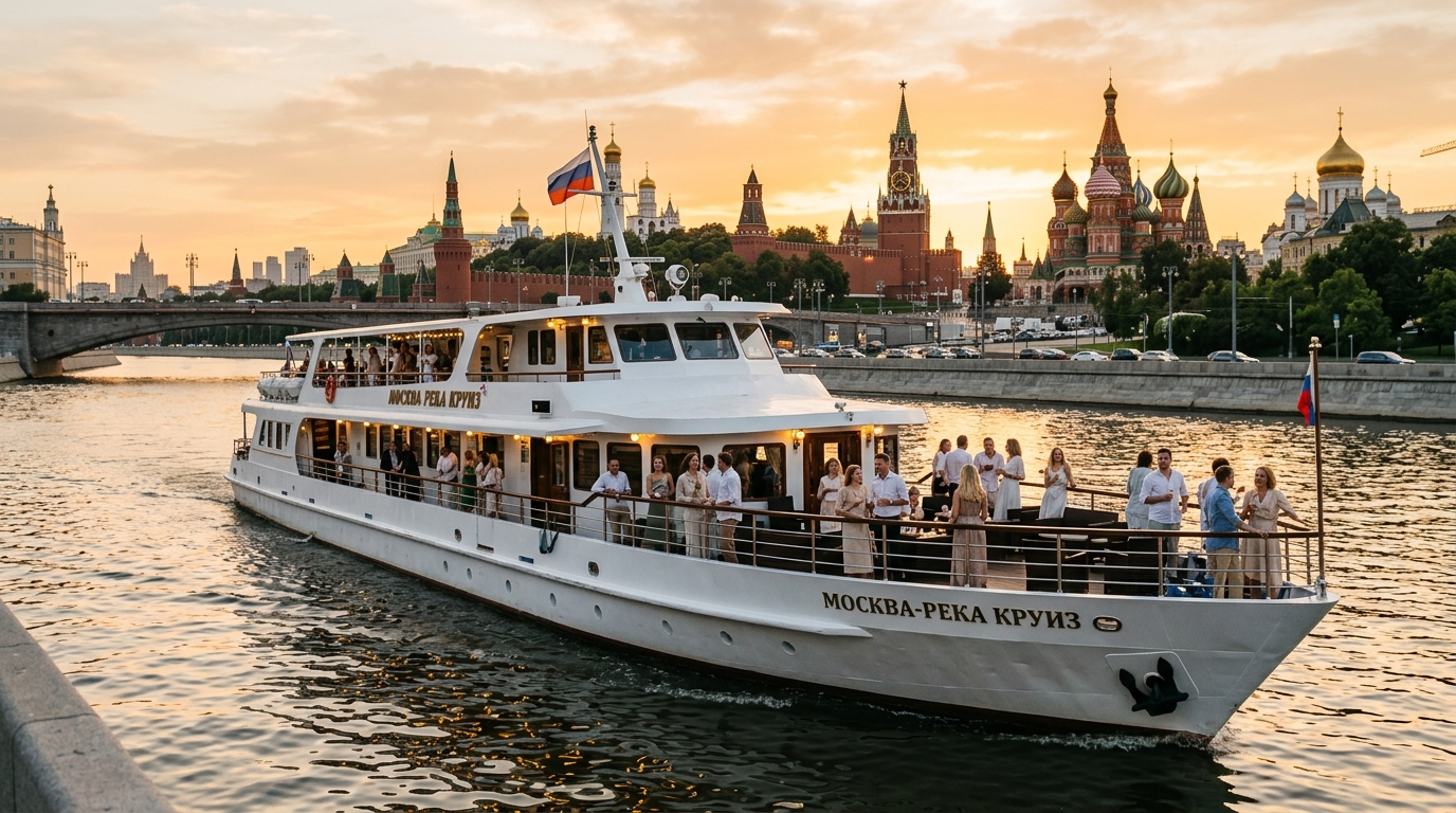 Теплоход на прогулке по Москве-реке с видом на Кремль и Красную площадь