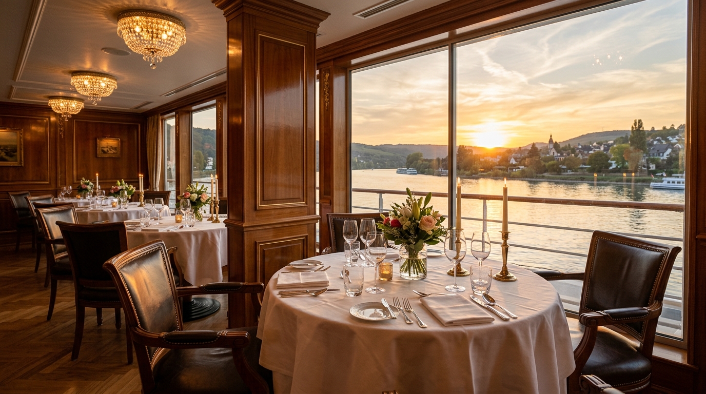 Интерьер ресторана на теплоходе с накрытыми столами и видом на реку