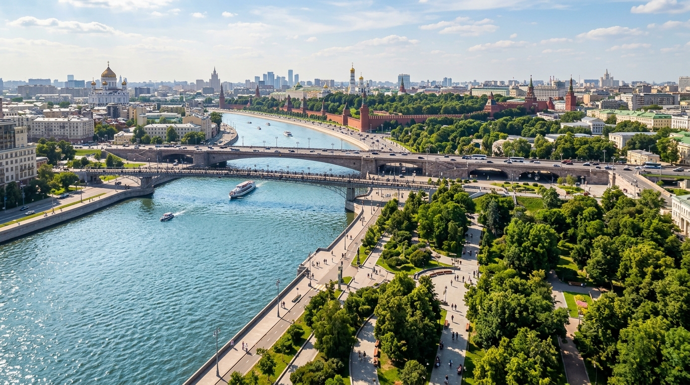 Панорама Москвы-реки с парками и мостами во время дневной прогулки