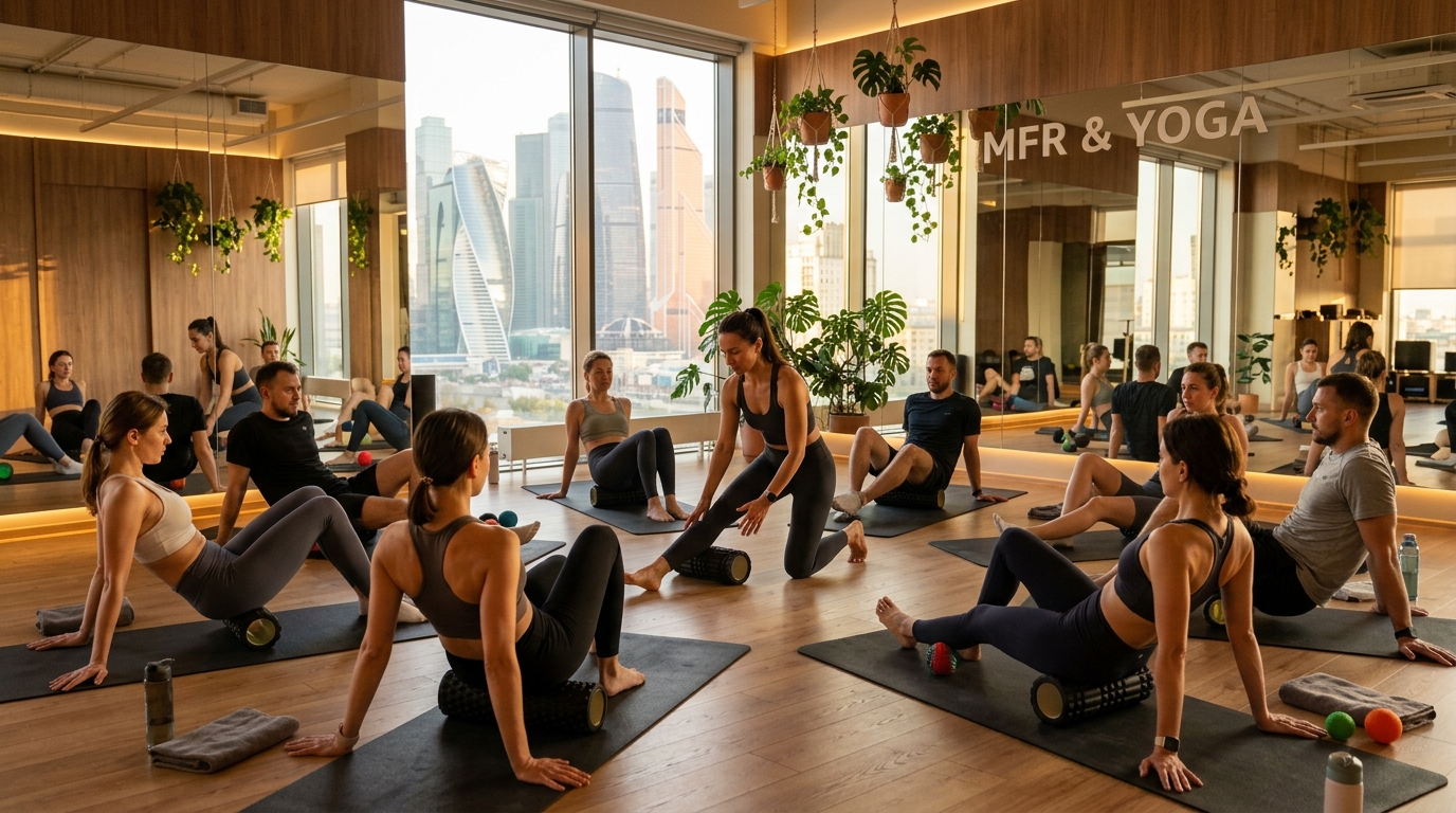 Групповое занятие МФР в московской студии с использованием роллеров и мячей