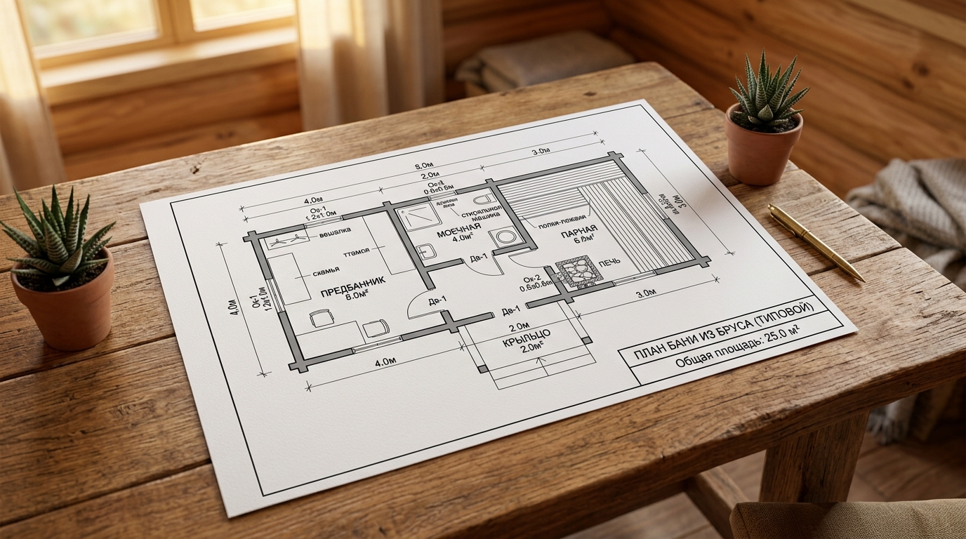 План типовой бани из бруса с комнатами: парная, моечная, предбанник