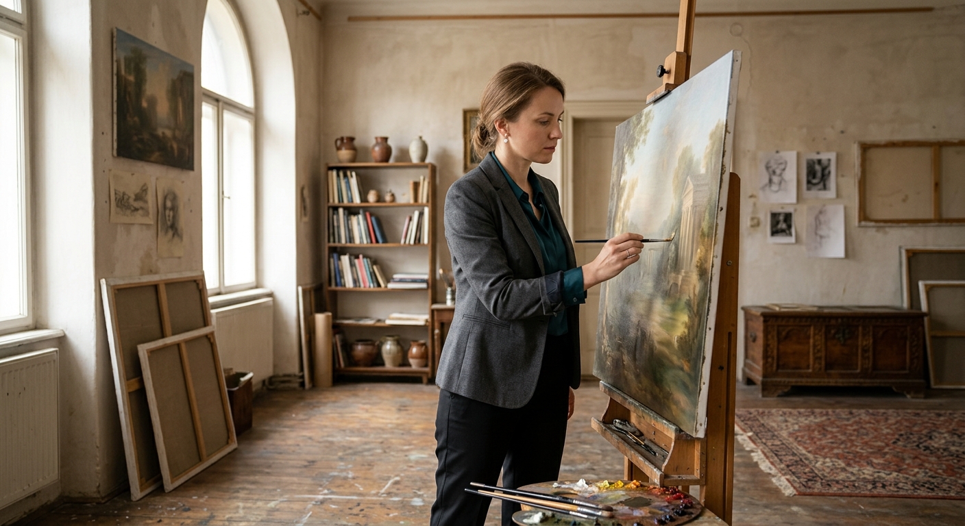 Классика вне времени: почему картина маслом на заказ никогда не выйдет из моды, специалист за работой, рабочая обстановка, деловая атмосфера