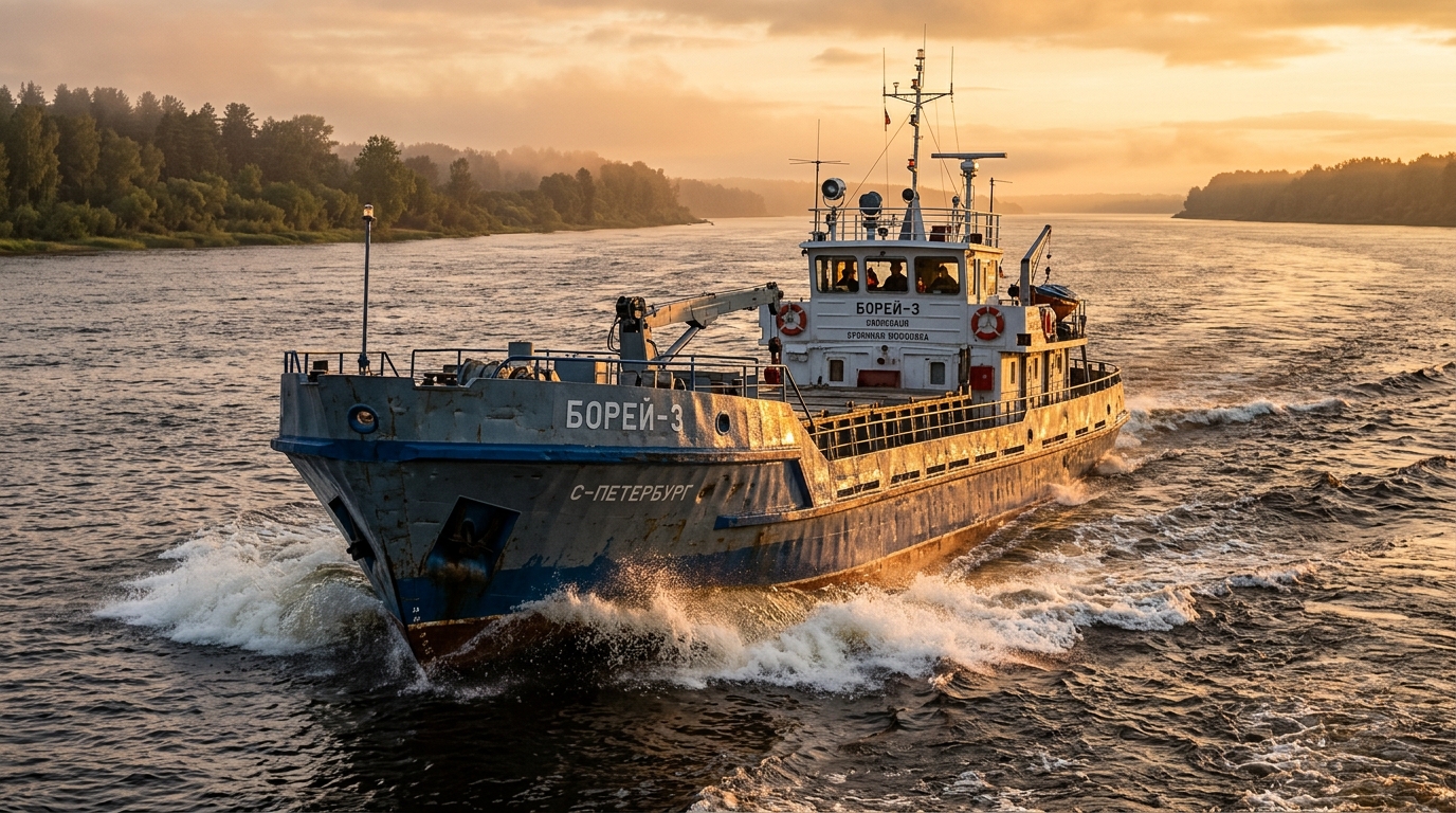 Водоизмещающее судно движется по российской реке с устойчивым корпусом, разрезая волны носом