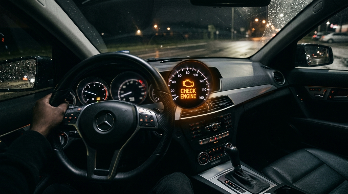 Загоревшийся индикатор Check Engine на приборной панели автомобиля в салоне