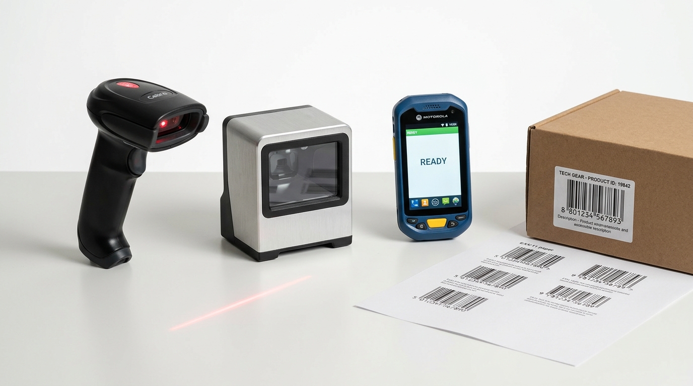 Различные типы считывателей штрих-кодов: ручной, стационарный и мобильный