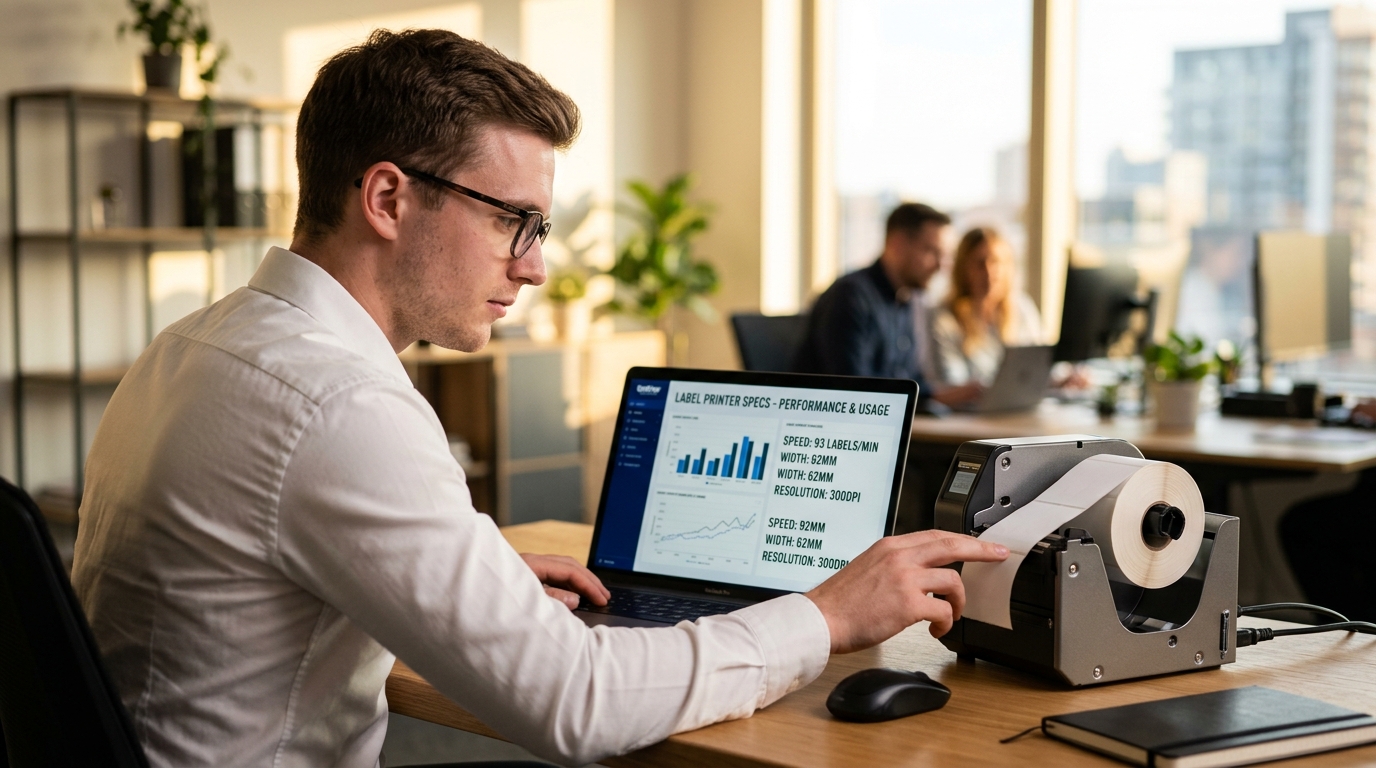 Специалист выбирает принтер для наклеек, проверяя характеристики на экране и рулон этикеток