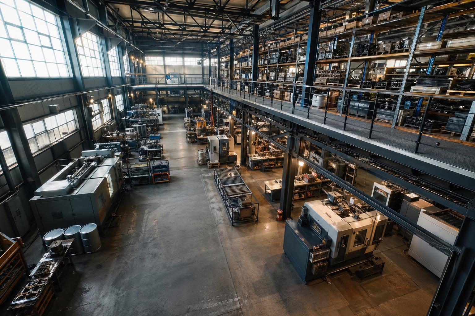 Металлический антресольный этаж в просторном промышленном цеху с оборудованием на нижнем уровне и стеллажами наверху