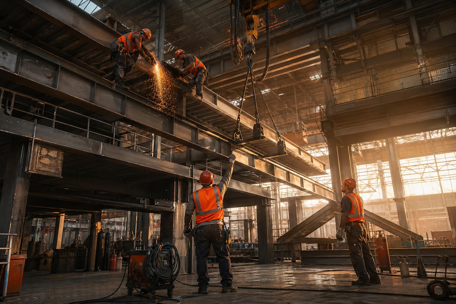 Рабочие монтируют антресольный этаж из стальных балок в большом заводском цеху