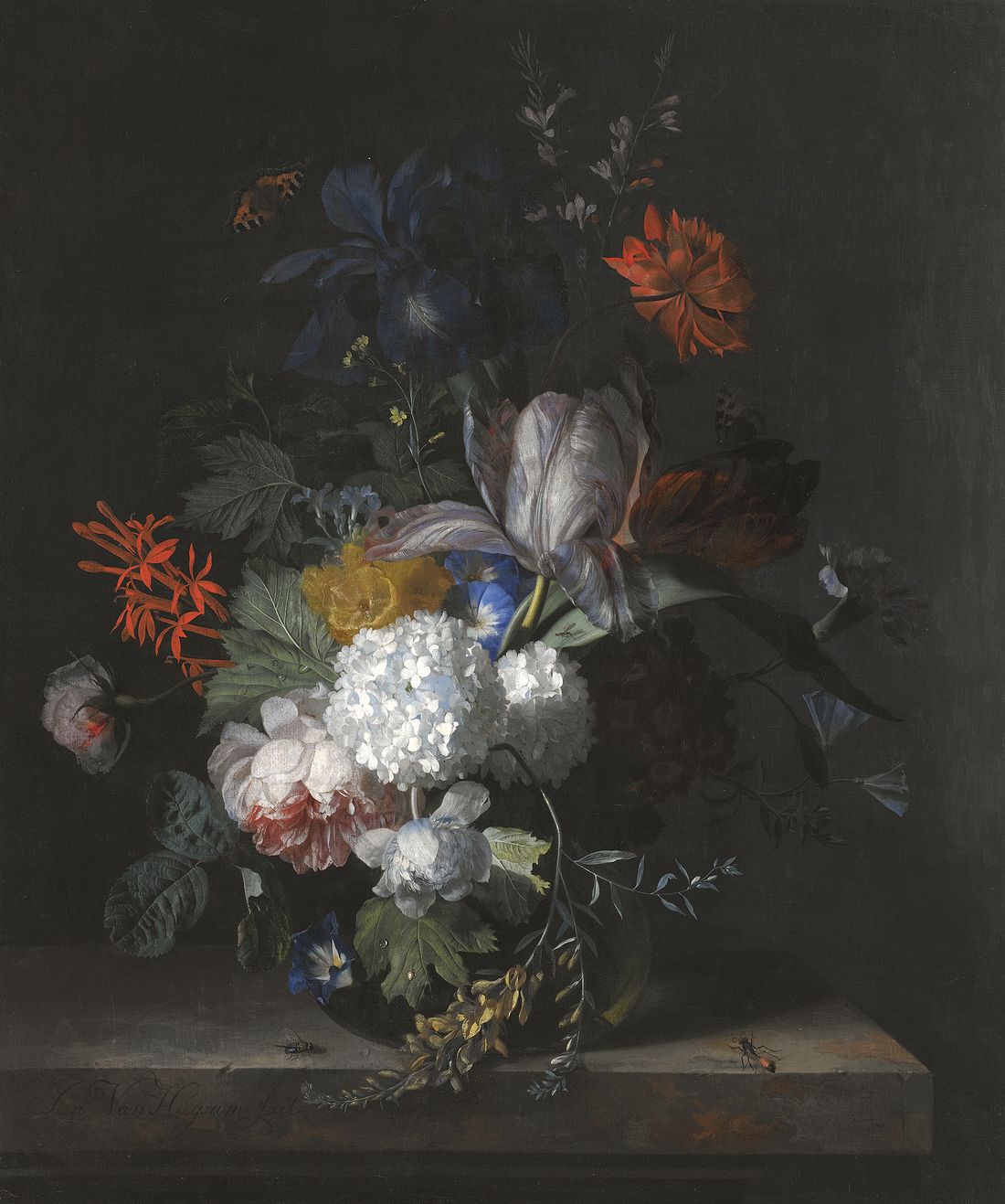 10A STILL LIFE WITH HYDRANGEA, CONVOLVULUS, POLYANTHUS, PEONIES, AURICULA, CARNATION, TULIPS, SNOWBALLS AND OTHER FLOWERS IN A GLASS VASE OVER A STONE LEDGE WITH A BLUBOTTLE TO THE LEFT AND A HORNET T.jpg
