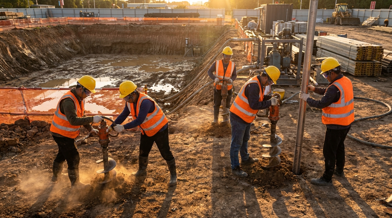 Монтаж иглофильтровой системы: рабочие бурят скважины и устанавливают вакуумные трубы