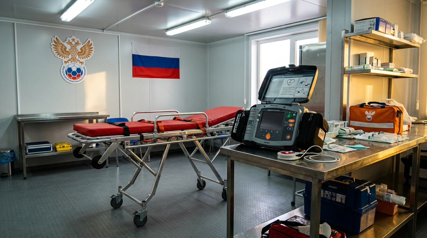 Медицинский пункт на российском стадионе с носилками и дефибриллятором