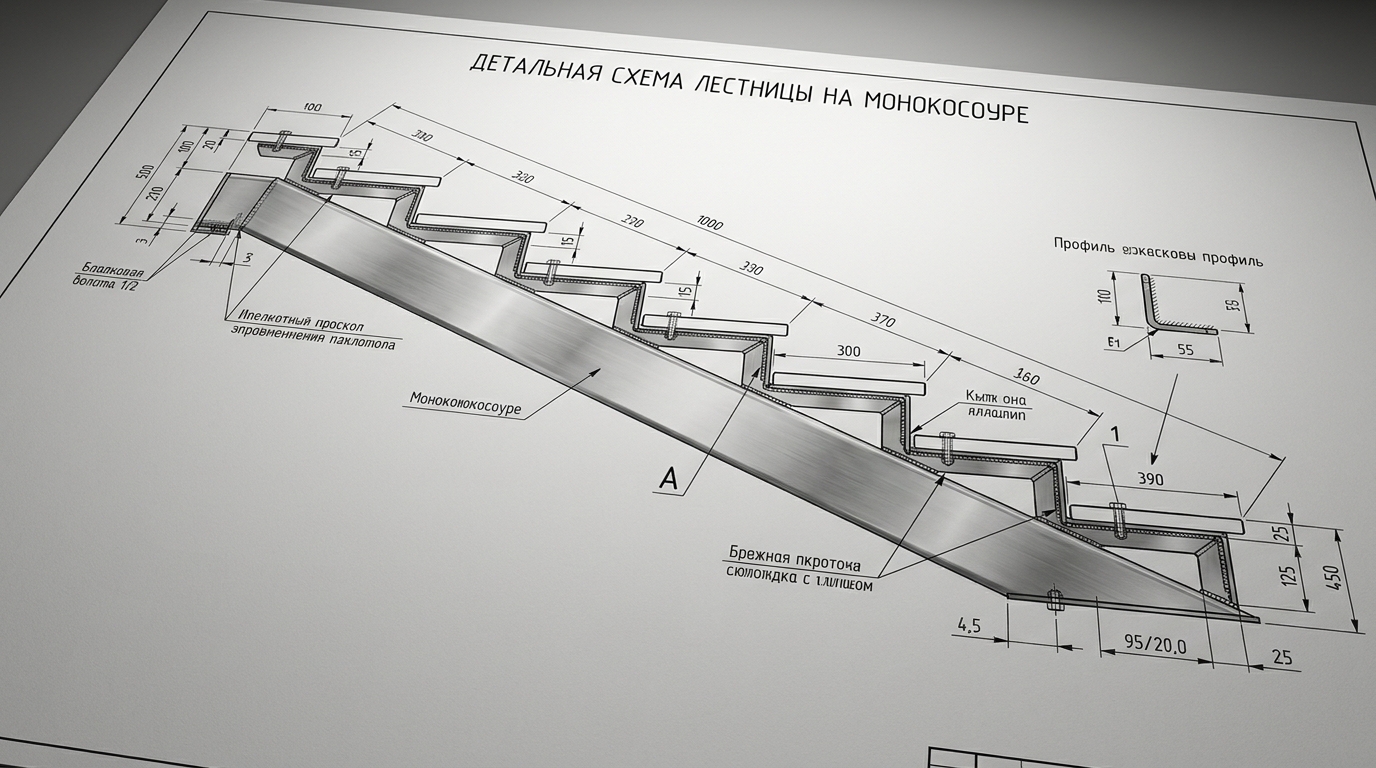 Схема устройства металлической лестницы на монокосоуре с креплением ступеней