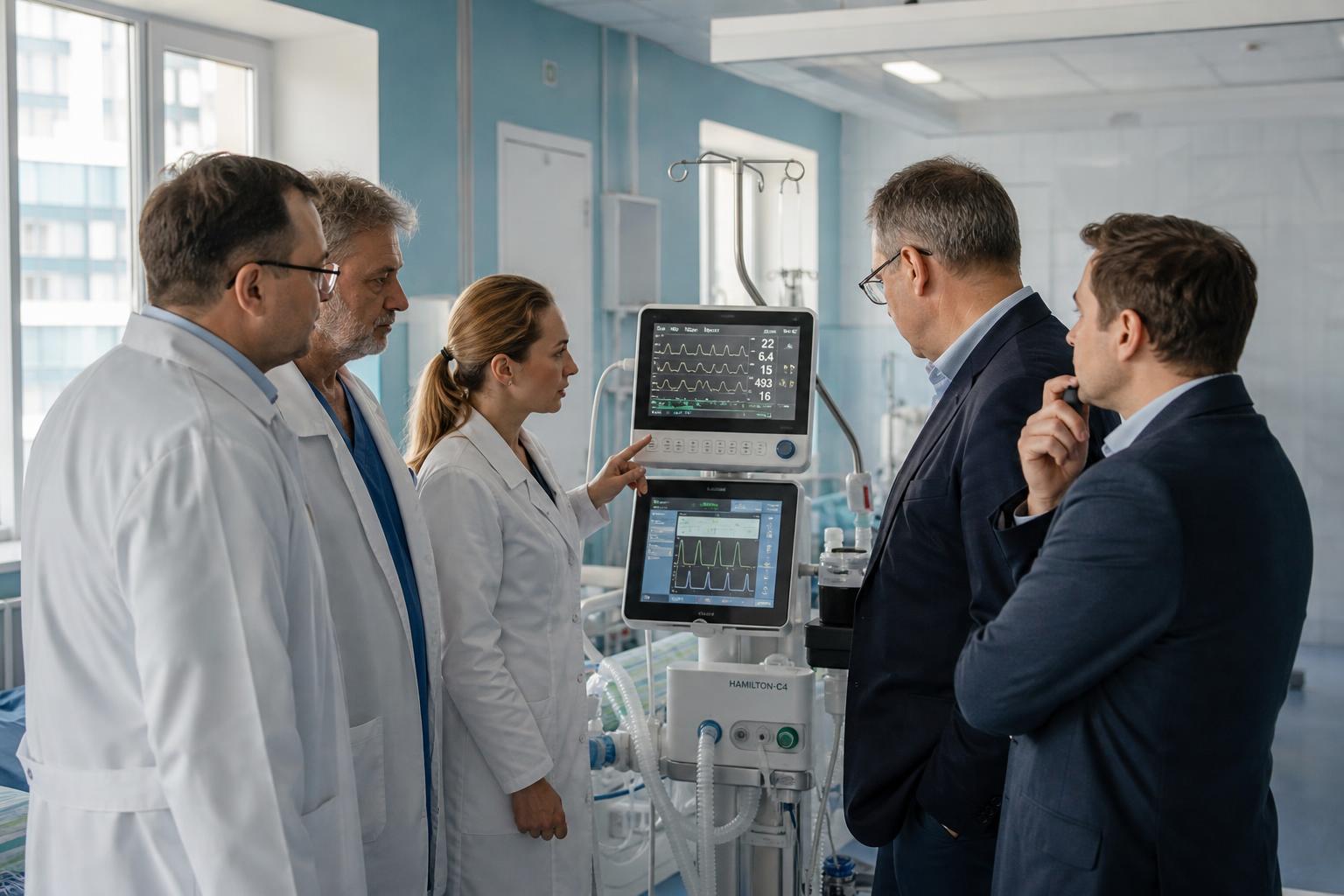 Команда врачей и инженеров обсуждает работу реанимационного оборудования в российской больнице