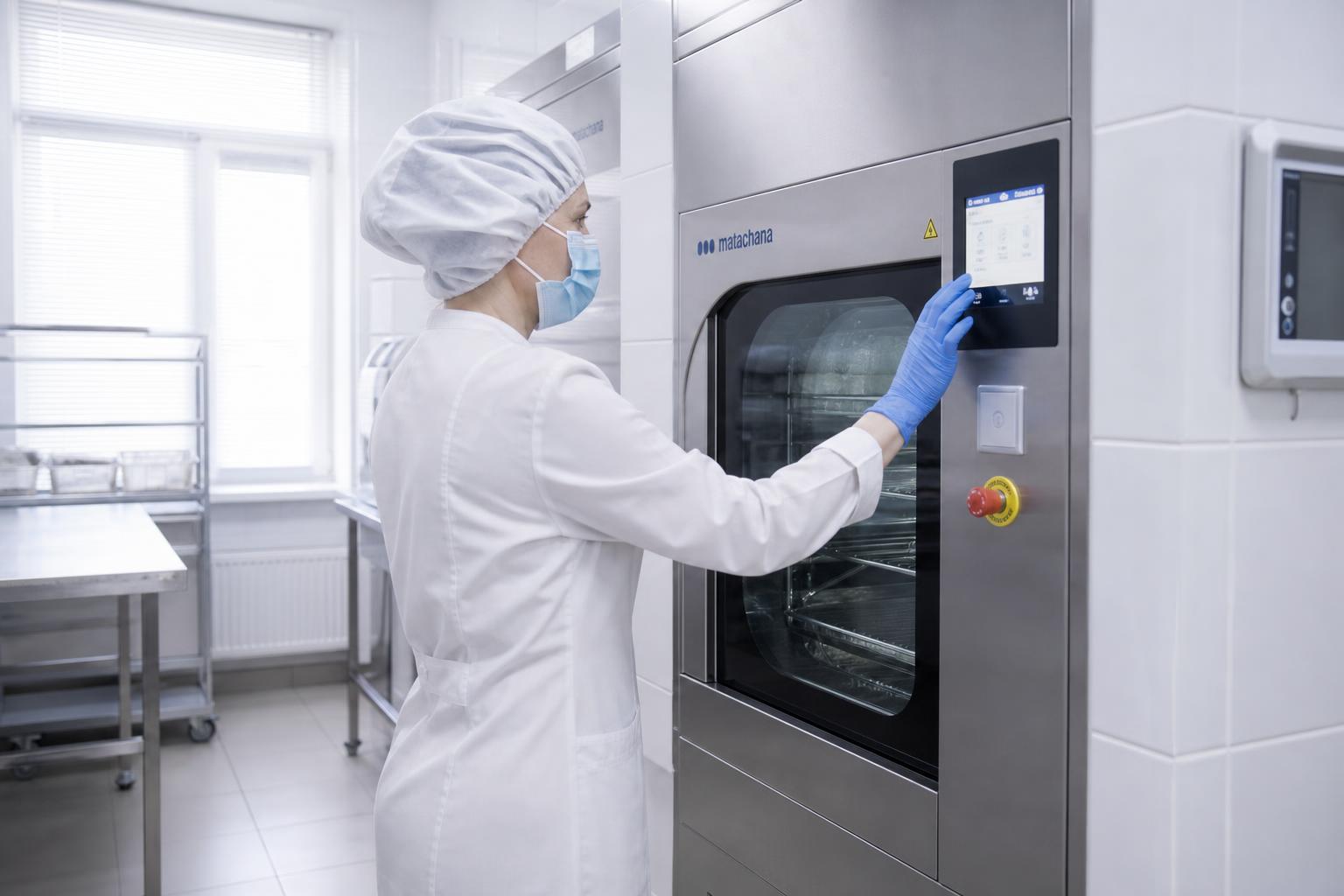 Специалист в защитной одежде проводит аттестацию проходного парового стерилизатора в центральном стерилизационном отделении российской больн