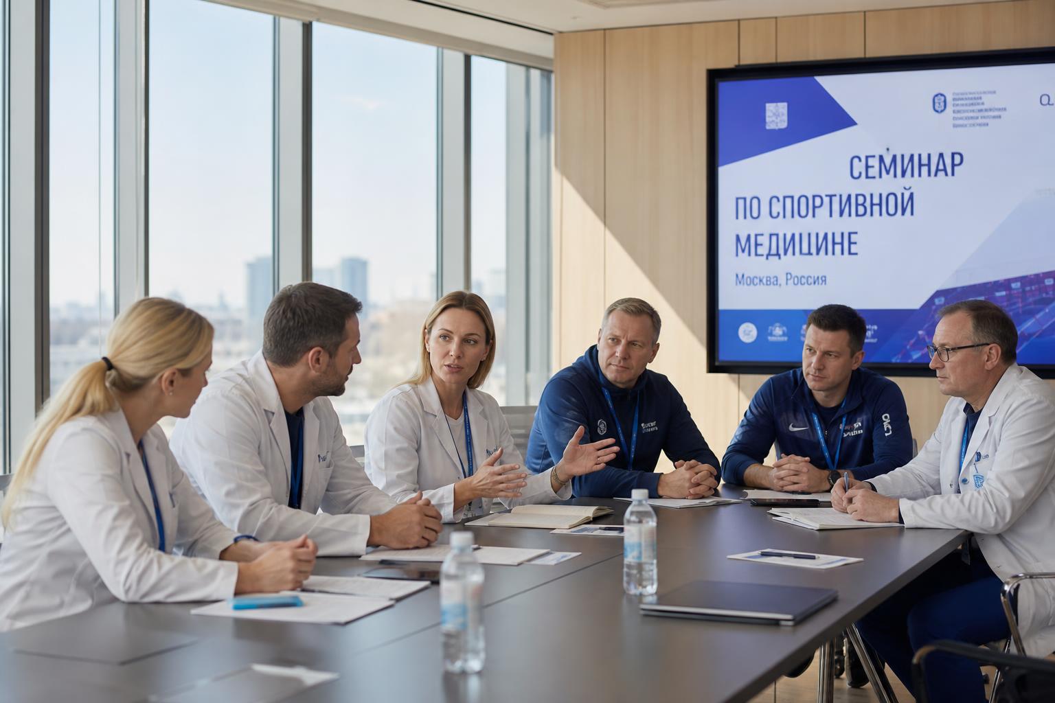 Группа врачей и тренеров на семинаре по спортивной медицине в России