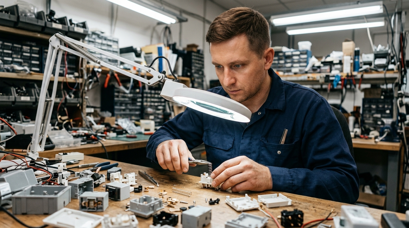 корпуса и детали для сборки переключателей, male professional at work, workshop