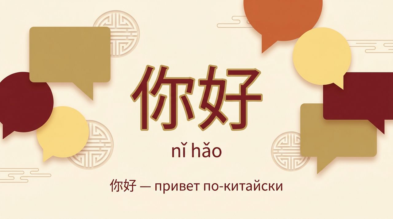 Иероглифы 你好 с транскрипцией пиньинь на светлом фоне