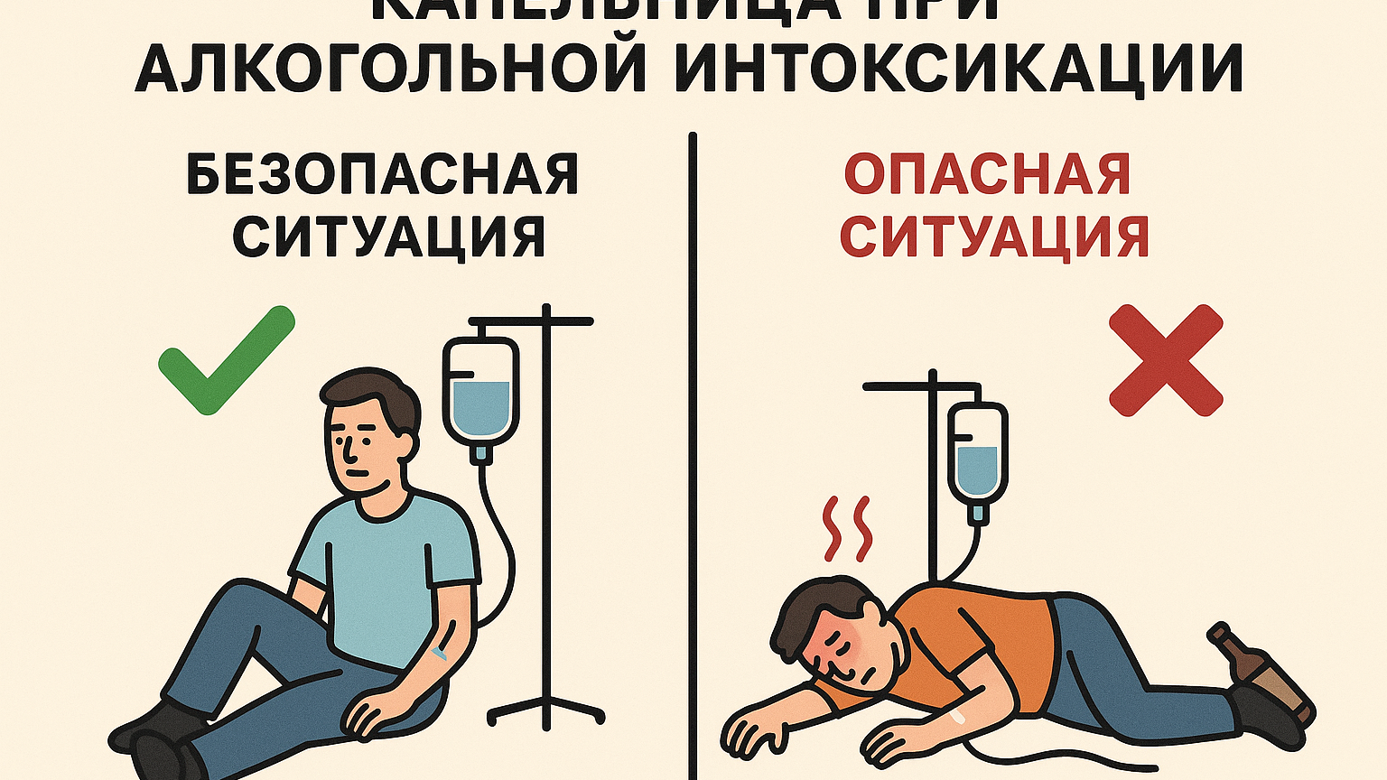 График, иллюстрирующий опасные и безопасные ситуации для применения капельницы при алкогольной интоксикации.