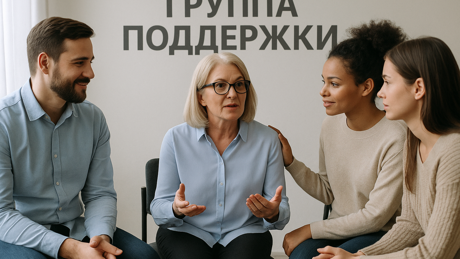 Группа поддержки, где люди делятся своими историями и поддерживают друг друга, создавая атмосферу доверия и понимания.