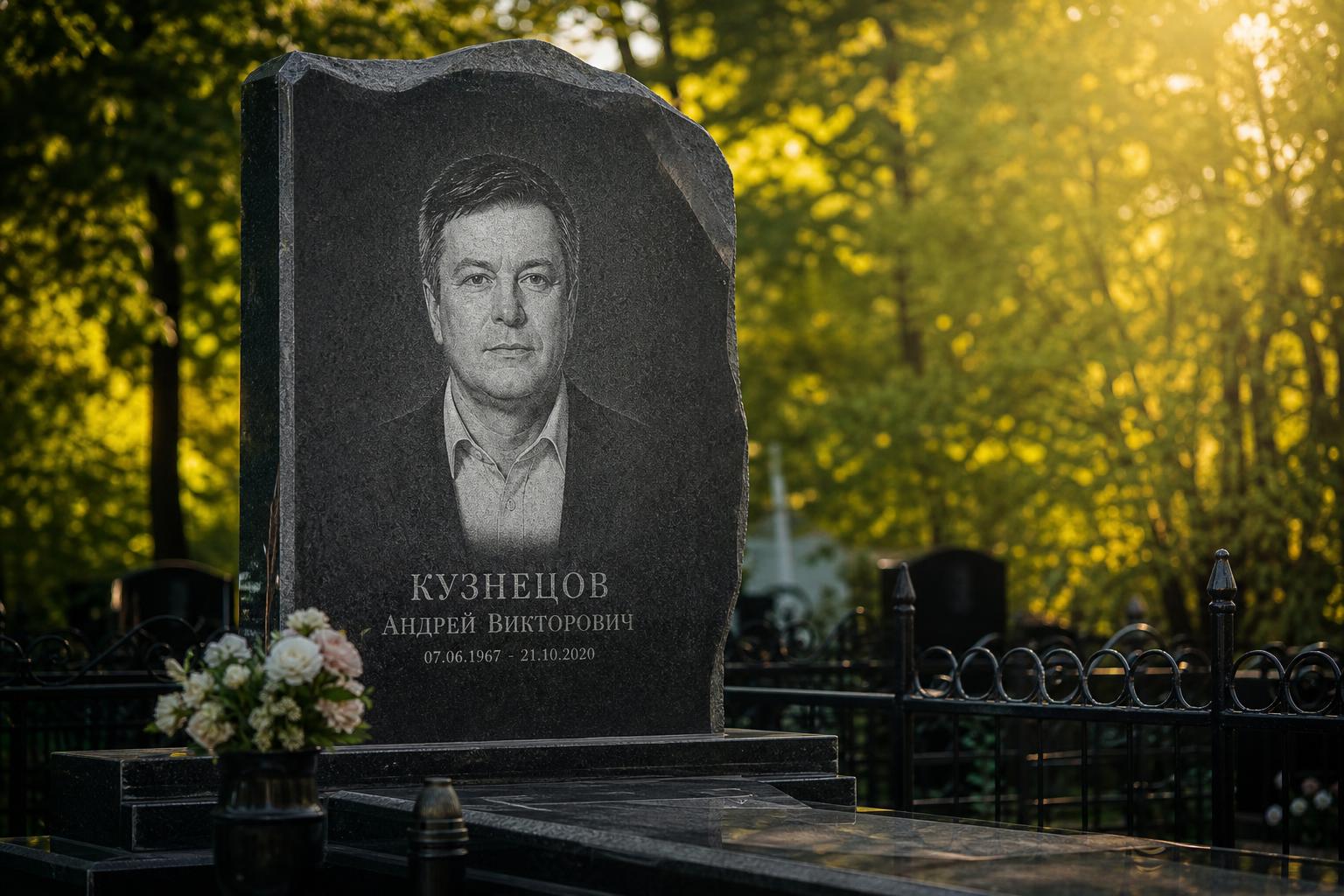 Гранитный памятник с выгравированным портретом на фоне деревьев
