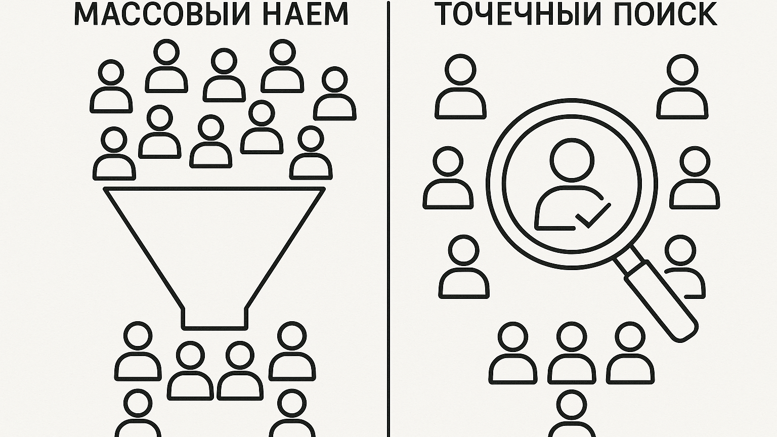 Схематическое изображение, демонстрирующее различия между массовым наймом и точечным поиском, с акцентом на важность точности выбора кандидата.