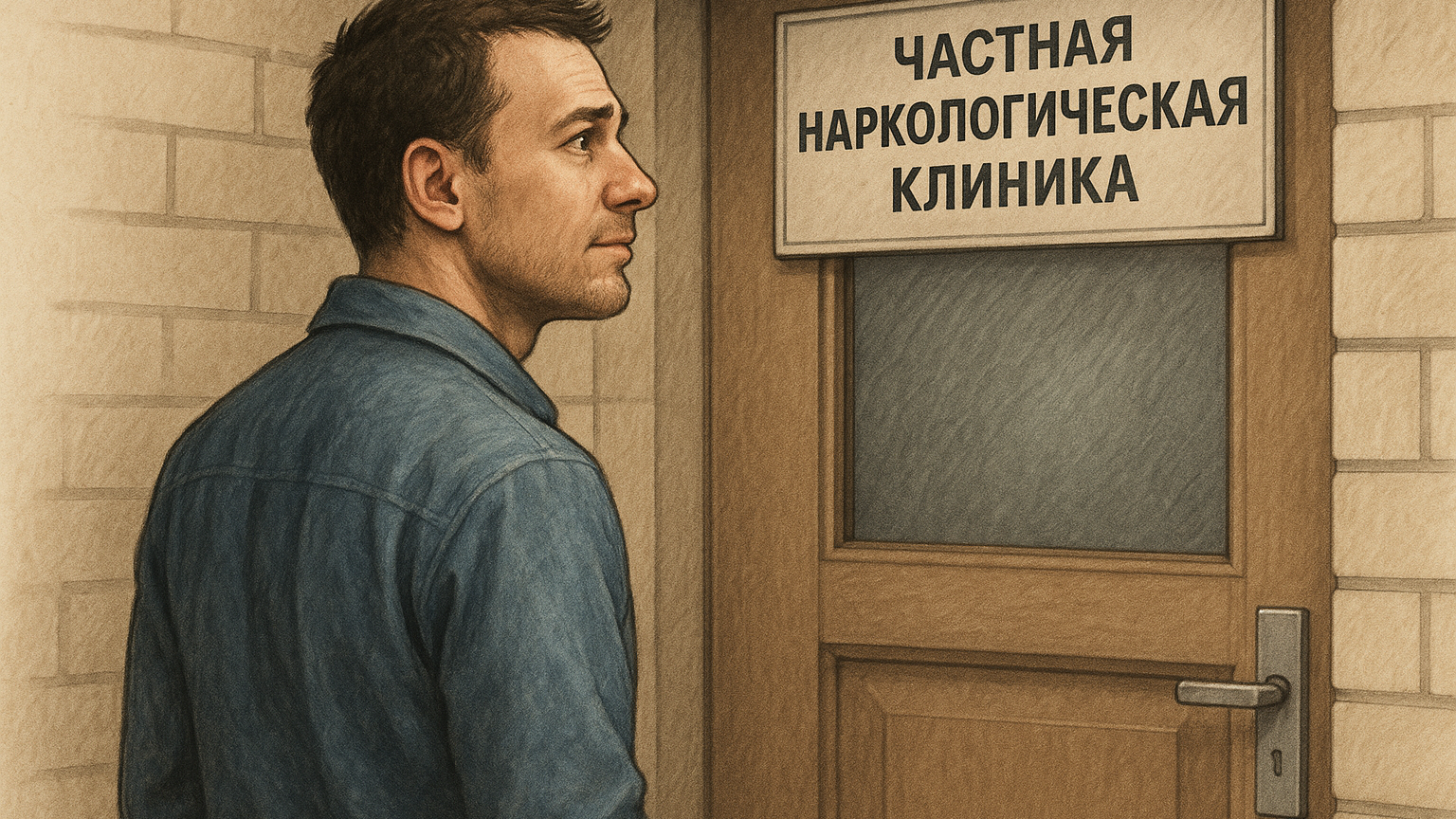 Иллюстрация, изображающая человека, который стоит перед дверью частной наркологической клиники, с выражением надежды и решимости на лице.